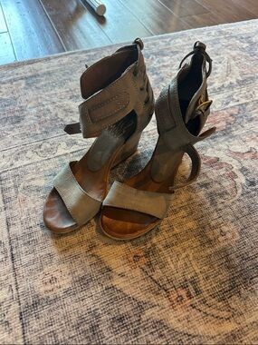 Miz Mooz Gray-Brown Wedge Heels with Ankle Strap